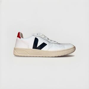 Veja V-10 Leather Sneaker in White with Navy V and Red Heel